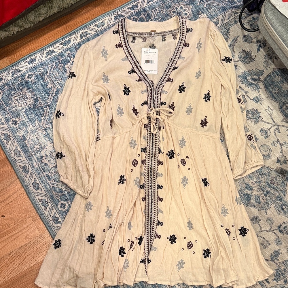 FP Movement by Free People Cream Midi Dress with Black and Blue Embroidery